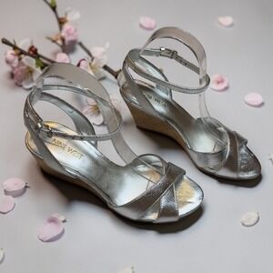 Nine West Silver Metallic Wedge Sandals with Ankle Strap